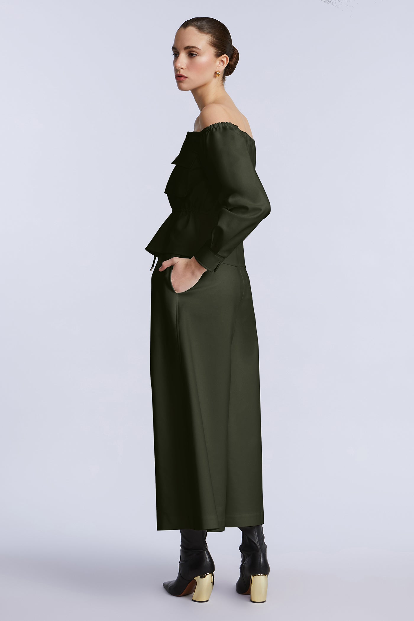 BCBGMAXAZRIA Off Shoulder Drawstring Top Rosin