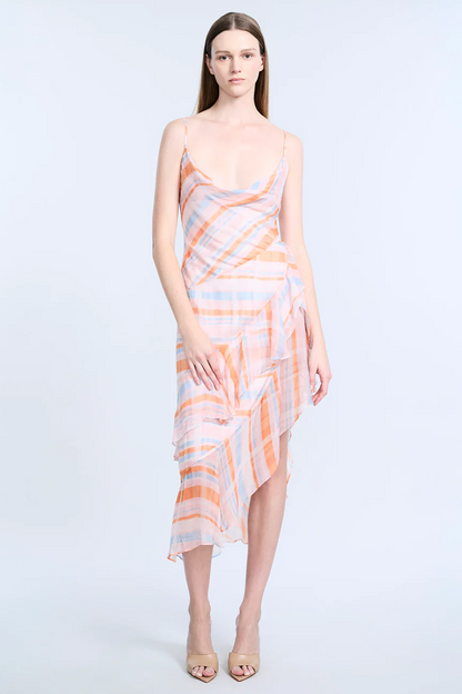 BCBGMAXAZRIA Cowl Neck Ruffle Dress Plaid Print
