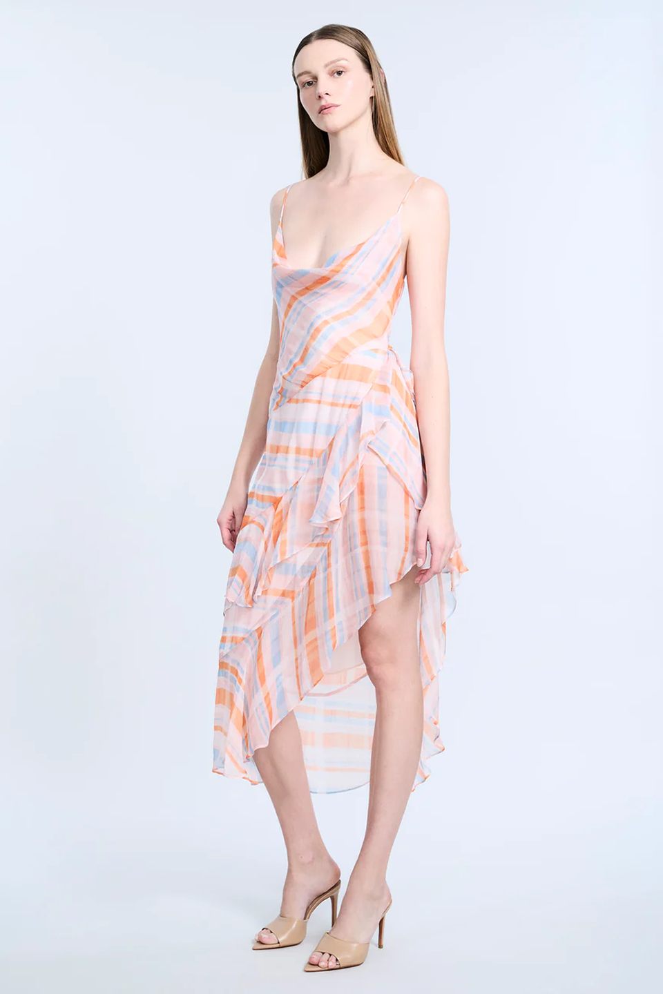 BCBGMAXAZRIA Cowl Neck Ruffle Dress Plaid Print