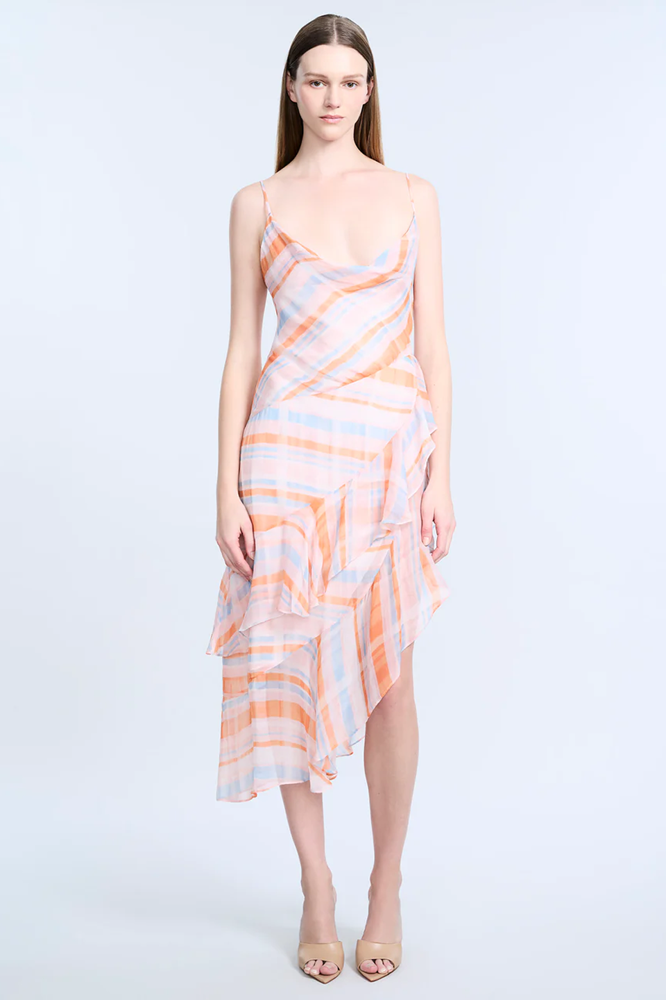 BCBGMAXAZRIA Cowl Neck Ruffle Dress Plaid Print