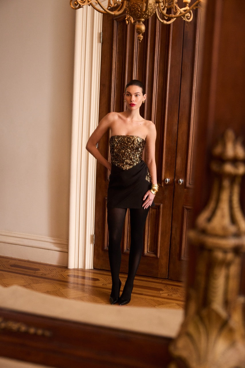 BCBGMAXAZRIA Sequin Crepe Dress Gold & Black Combo