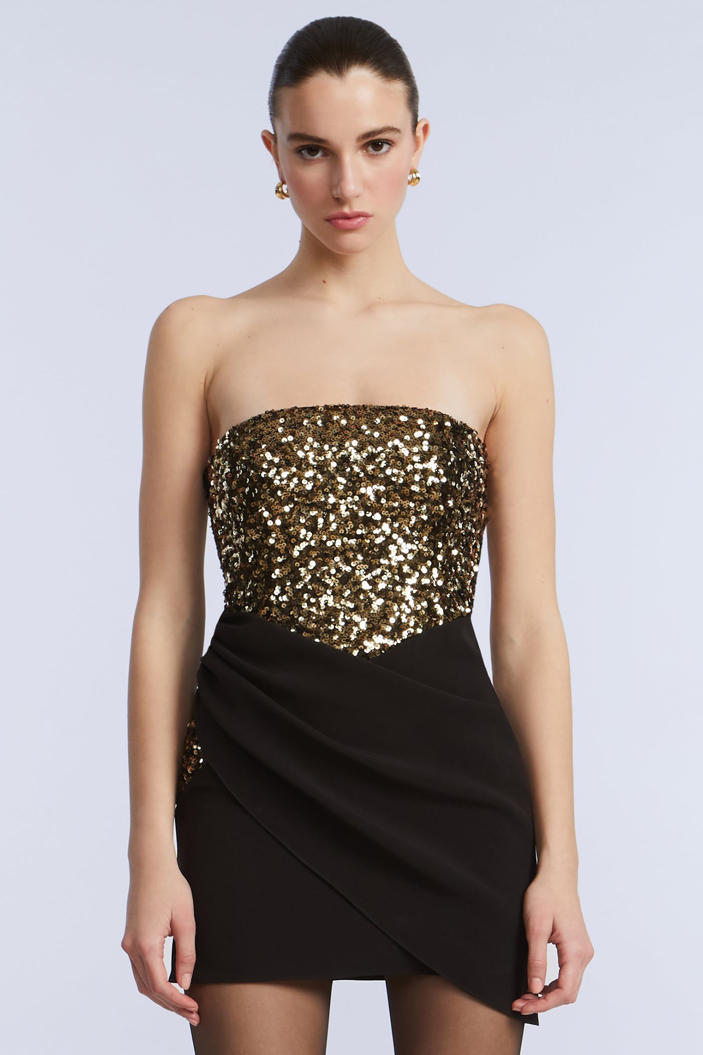 BCBGMAXAZRIA Sequin Crepe Dress Gold & Black Combo