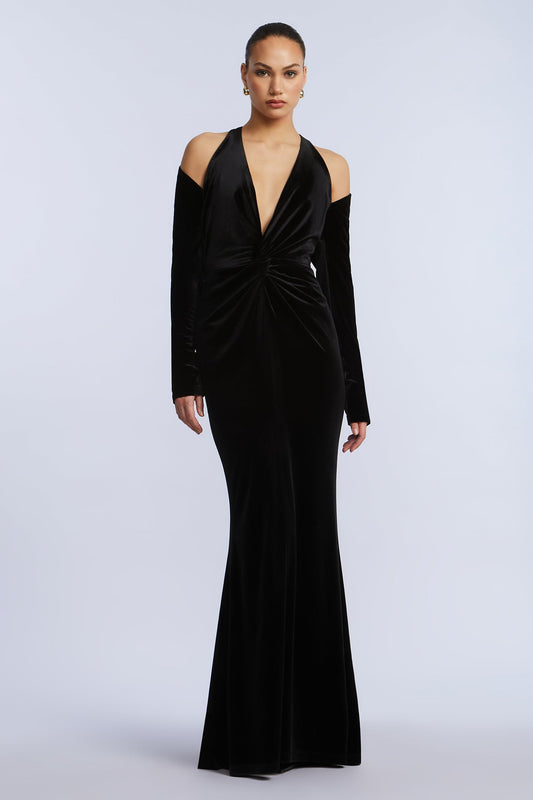 BCBGMAXAZRIA Long Sleeve Halter Velvet Gown Black