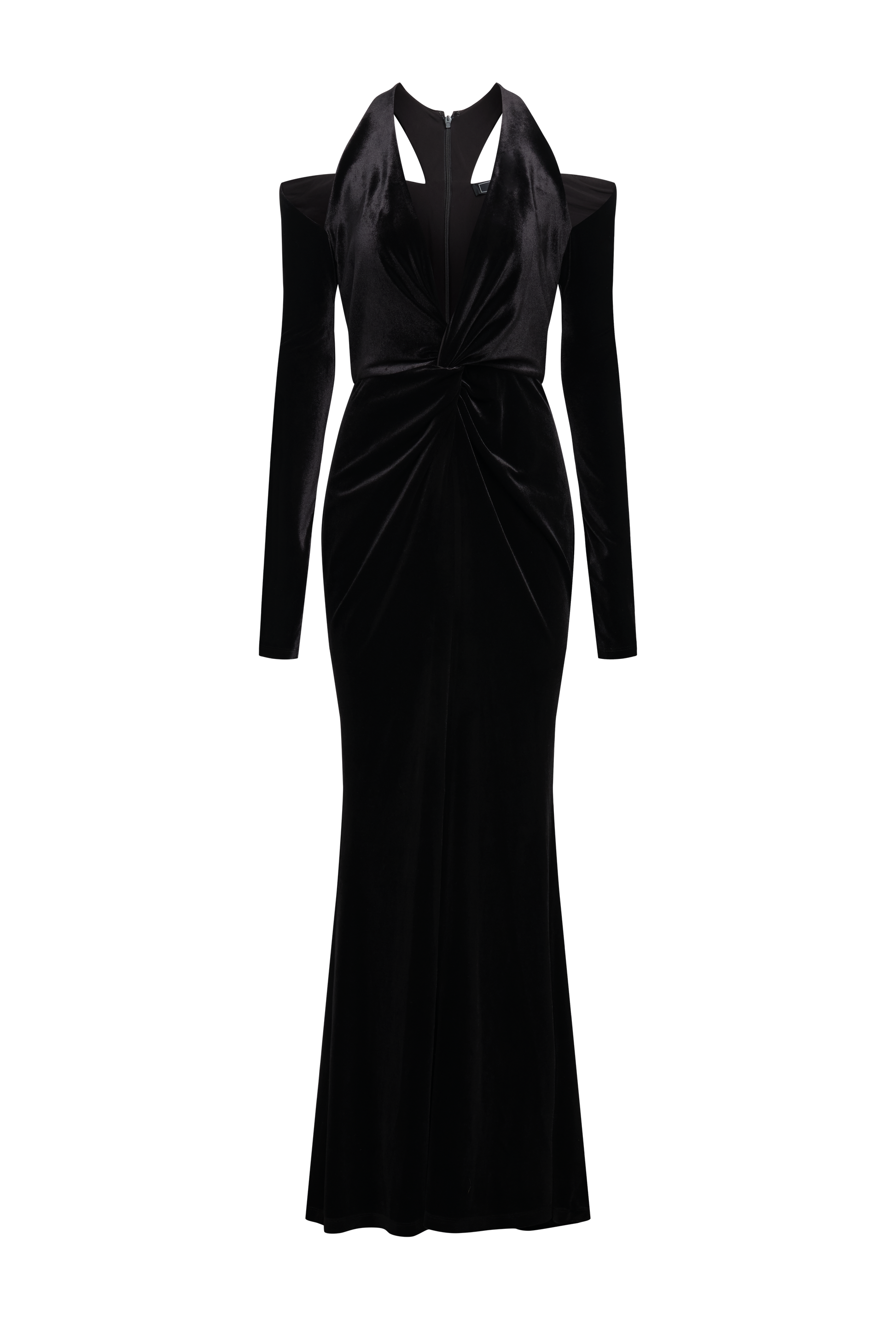BCBGMAXAZRIA Long Sleeve Halter Velvet Gown Black