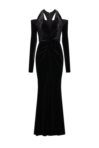 BCBGMAXAZRIA Long Sleeve Halter Velvet Gown Black