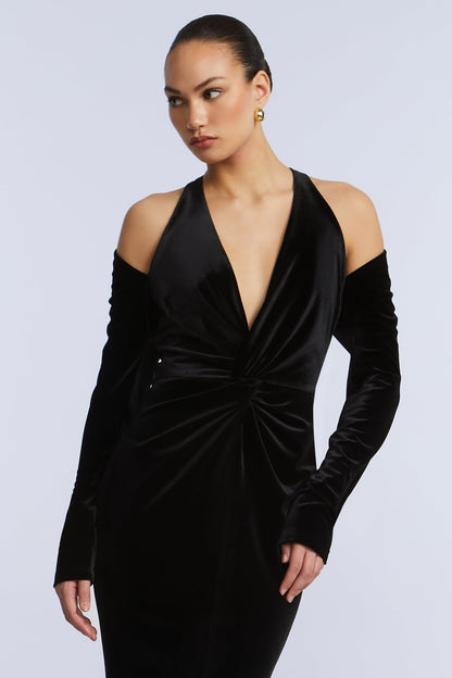 BCBGMAXAZRIA Long Sleeve Halter Velvet Gown Black