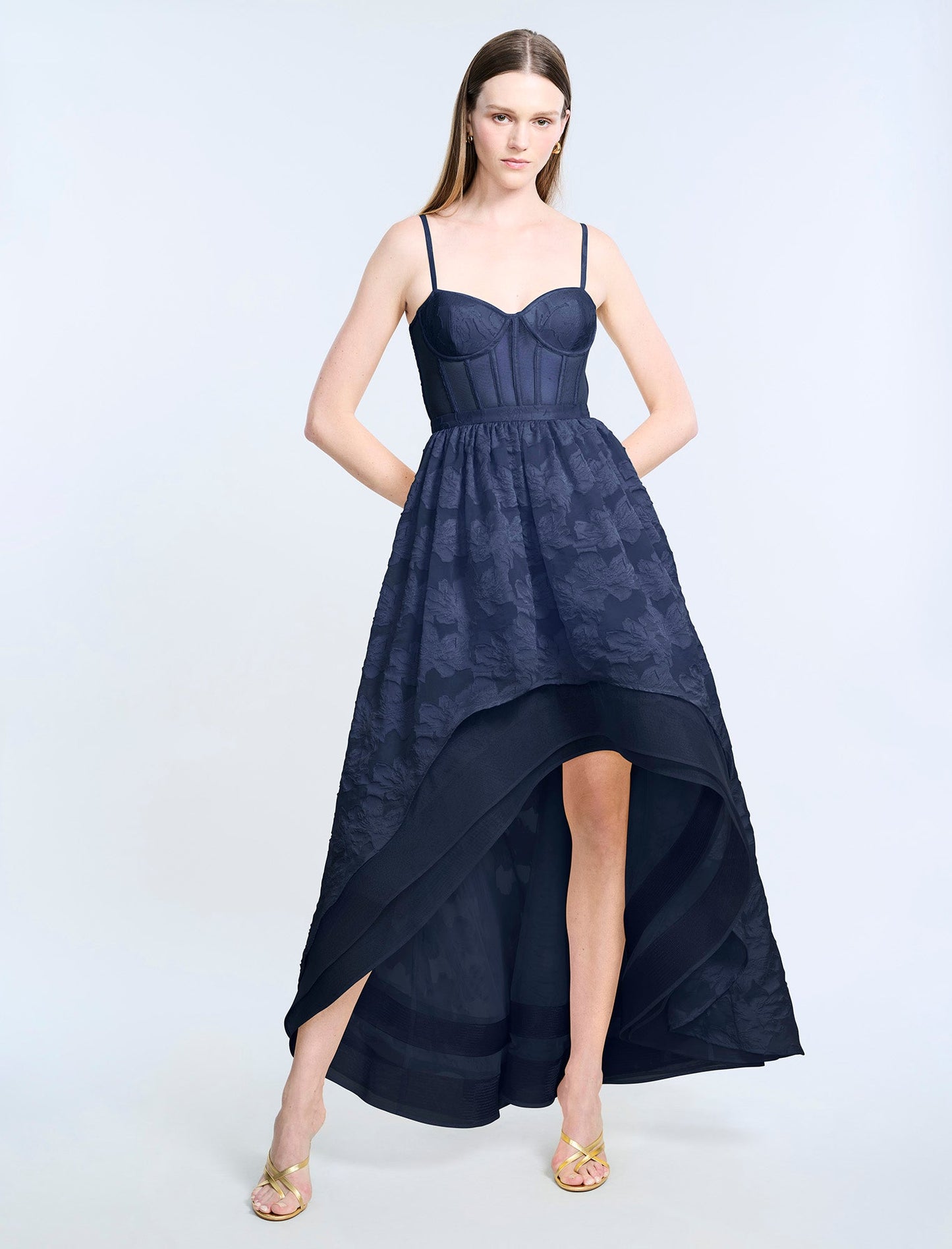 BCBGMAXAZRIA High Low Organza Tulle Gown Navy