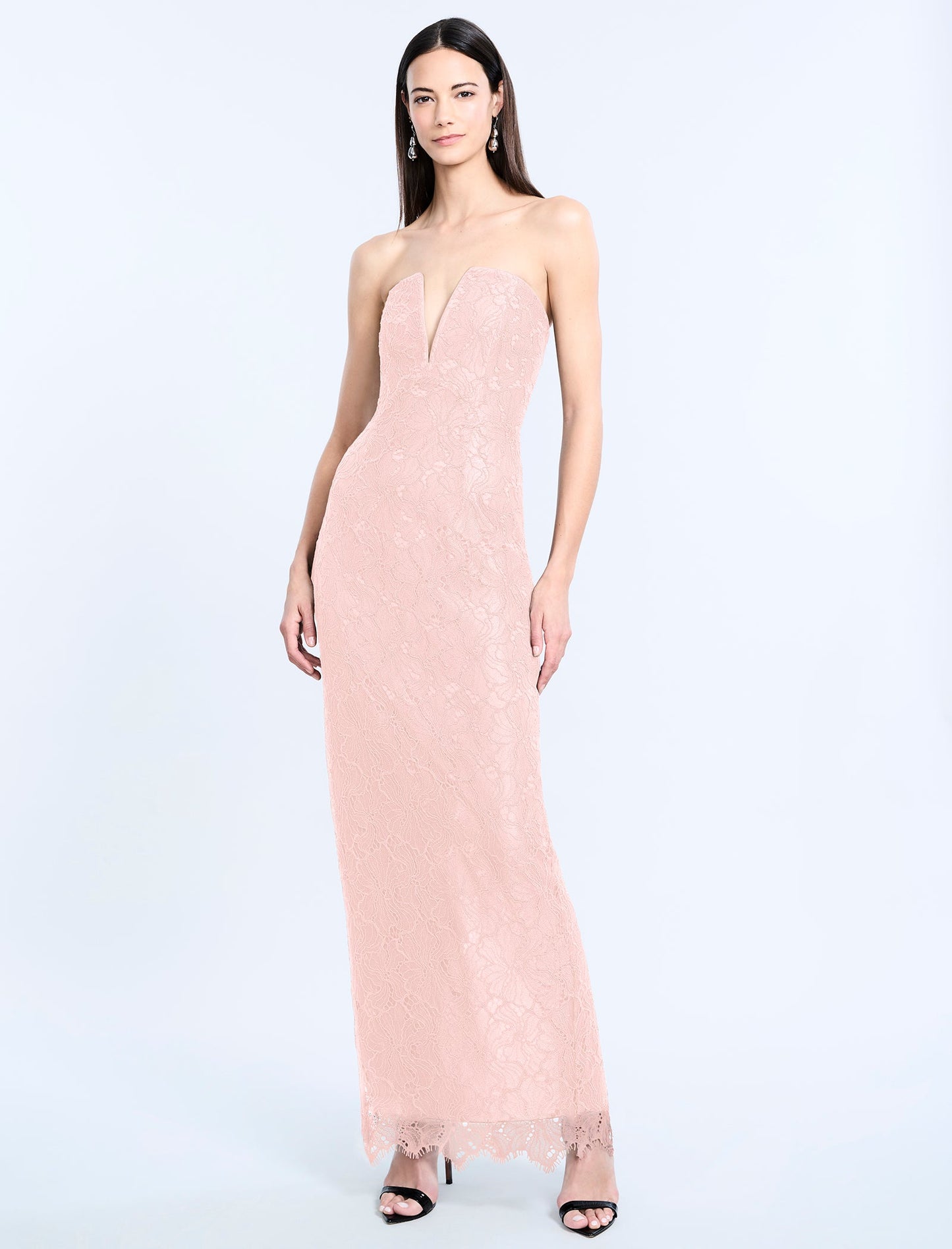 BCBGMAXAZRIA Lace Strapless V Neckline Gown Blossom