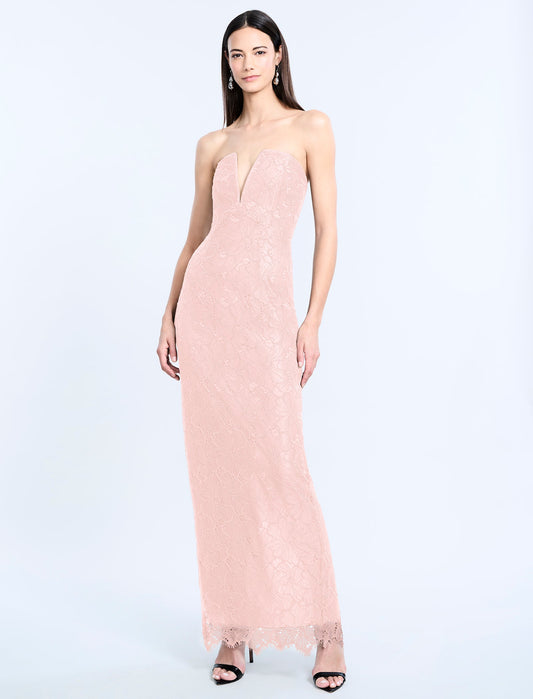 BCBGMAXAZRIA Lace Strapless V Neckline Gown Blossom