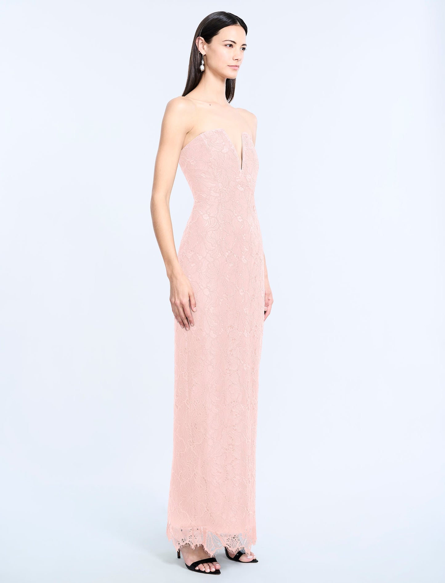 BCBGMAXAZRIA Lace Strapless V Neckline Gown Blossom