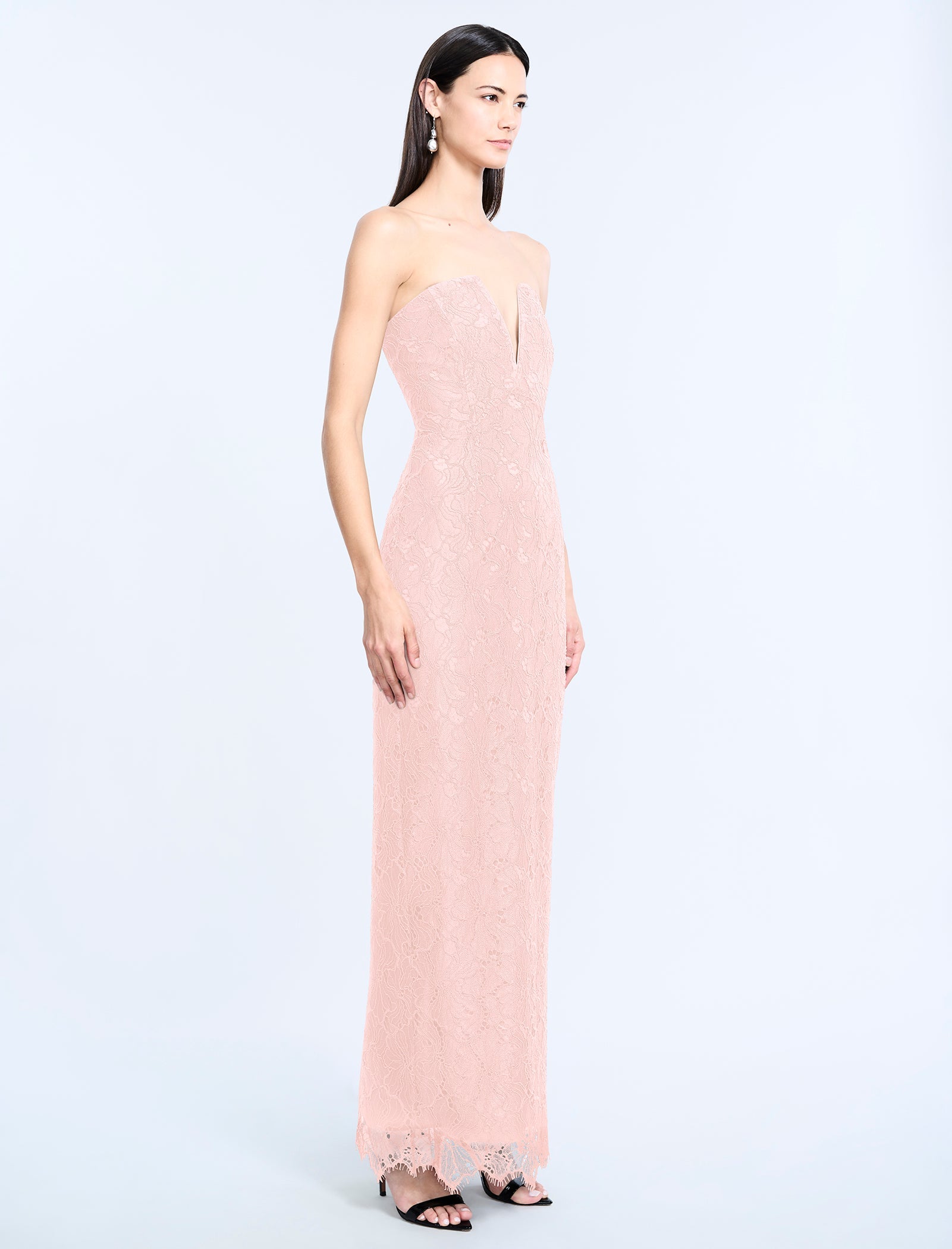 BCBGMAXAZRIA Lace Strapless V Neckline Gown Blossom