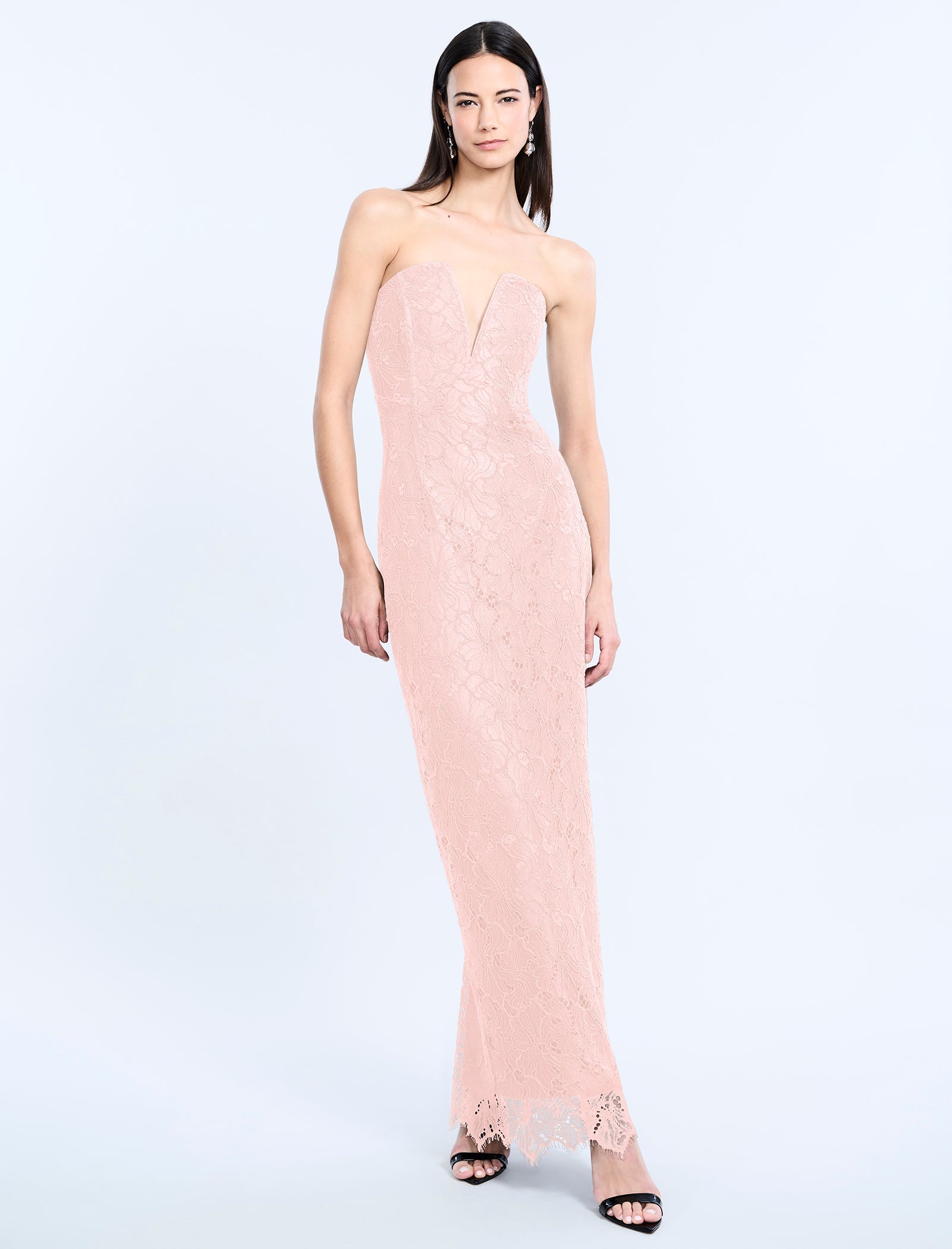 BCBGMAXAZRIA Lace Strapless V Neckline Gown Blossom