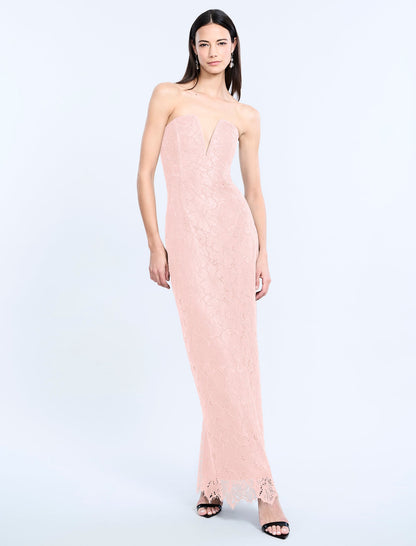 BCBGMAXAZRIA Lace Strapless V Neckline Gown Blossom