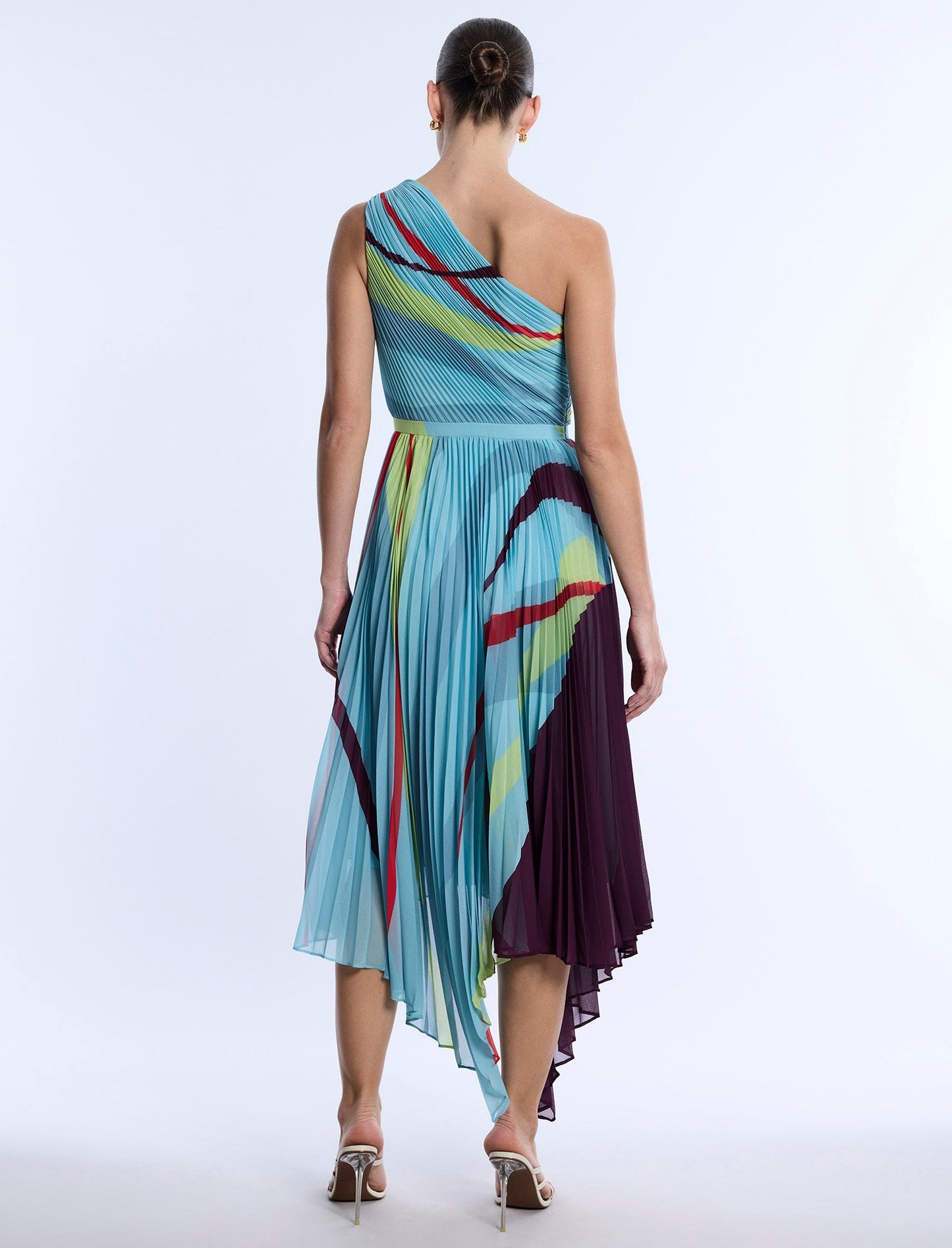 BCBGMAXAZRIA Printed Pleated Dress Seafoam Floating Ribbons