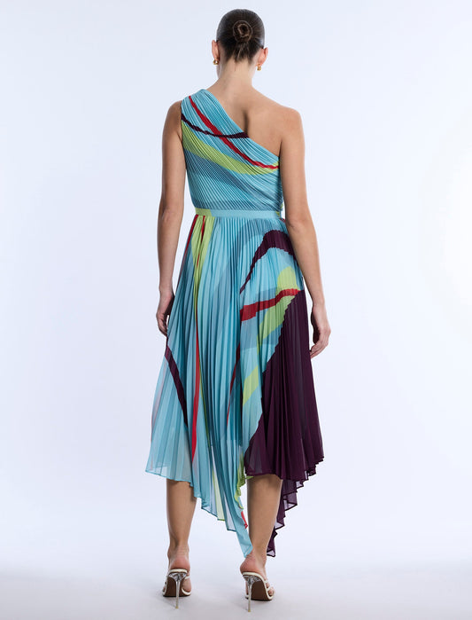 BCBGMAXAZRIA Printed Pleated Dress Seafoam Floating Ribbons