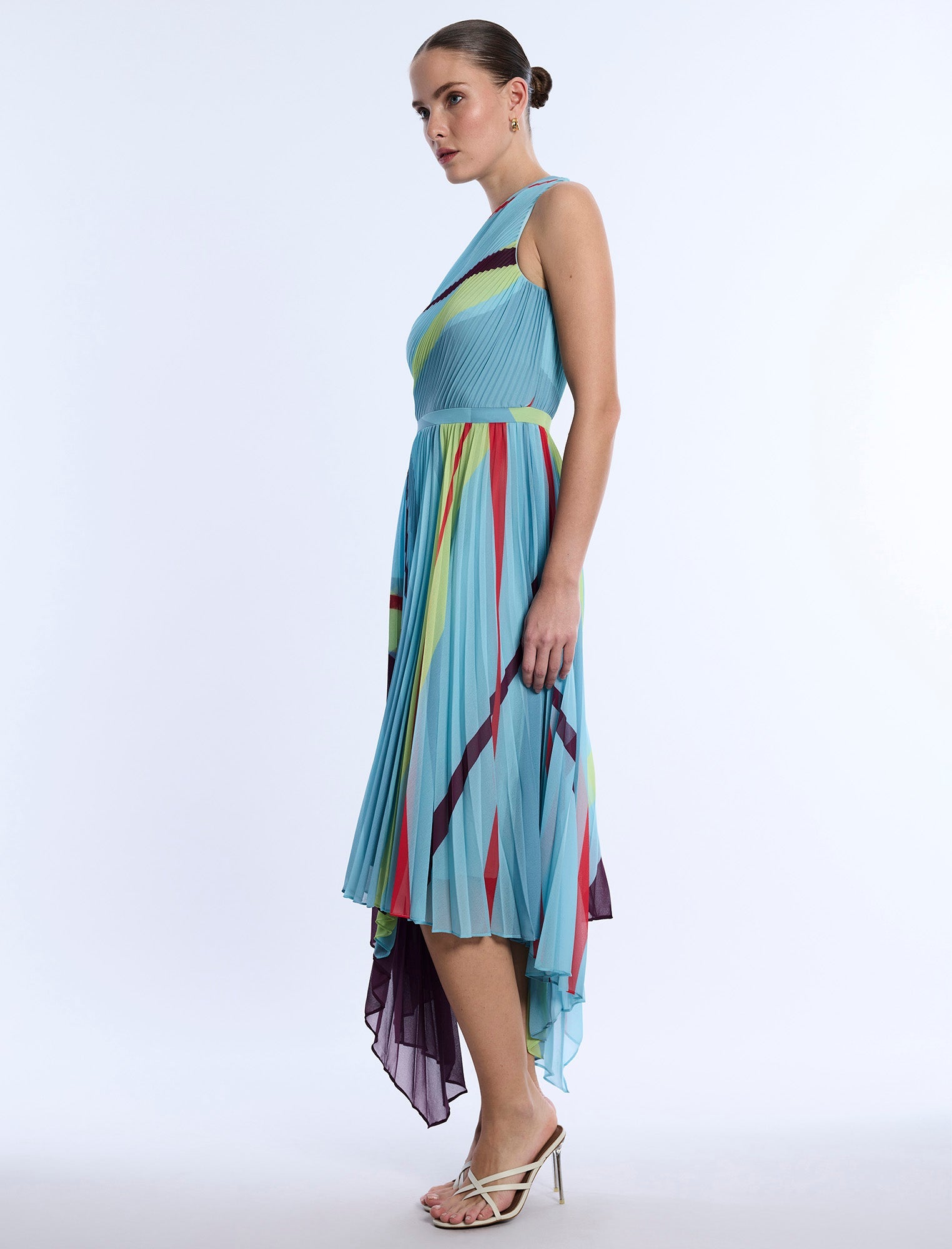 BCBGMAXAZRIA Printed Pleated Dress Seafoam Floating Ribbons