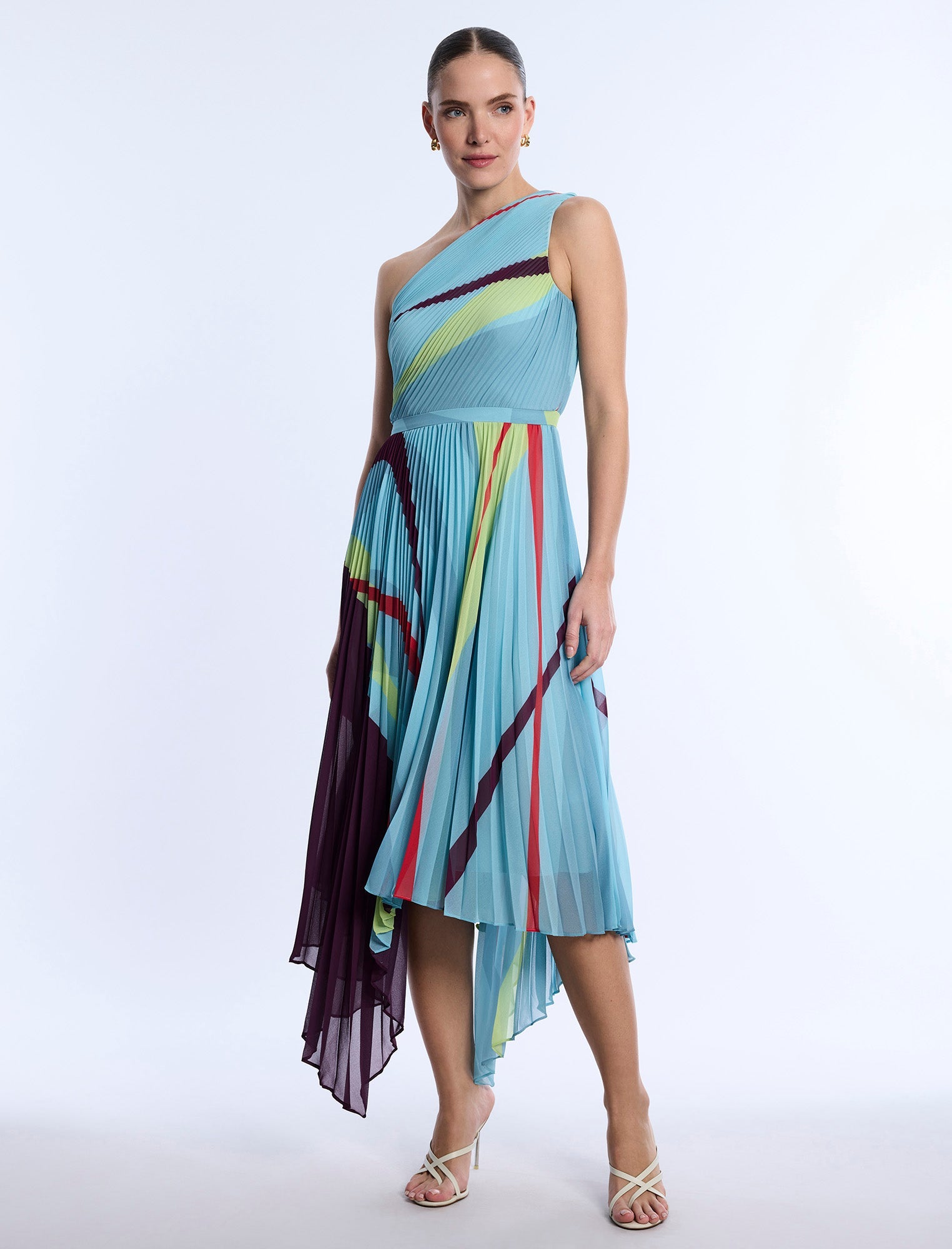 BCBGMAXAZRIA Printed Pleated Dress Seafoam Floating Ribbons