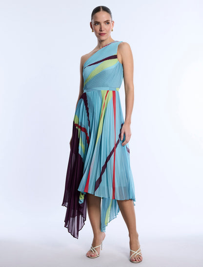 BCBGMAXAZRIA Printed Pleated Dress Seafoam Floating Ribbons