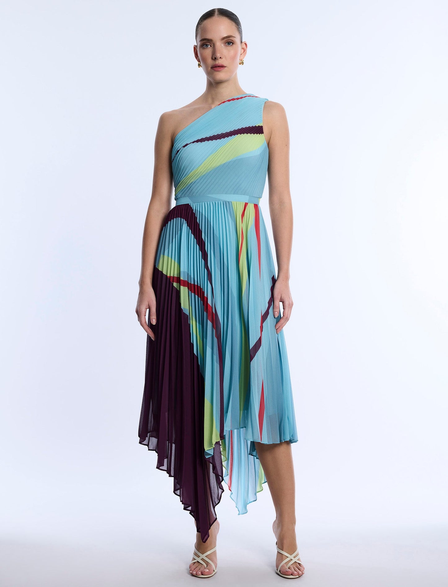 BCBGMAXAZRIA Printed Pleated Dress Seafoam Floating Ribbons