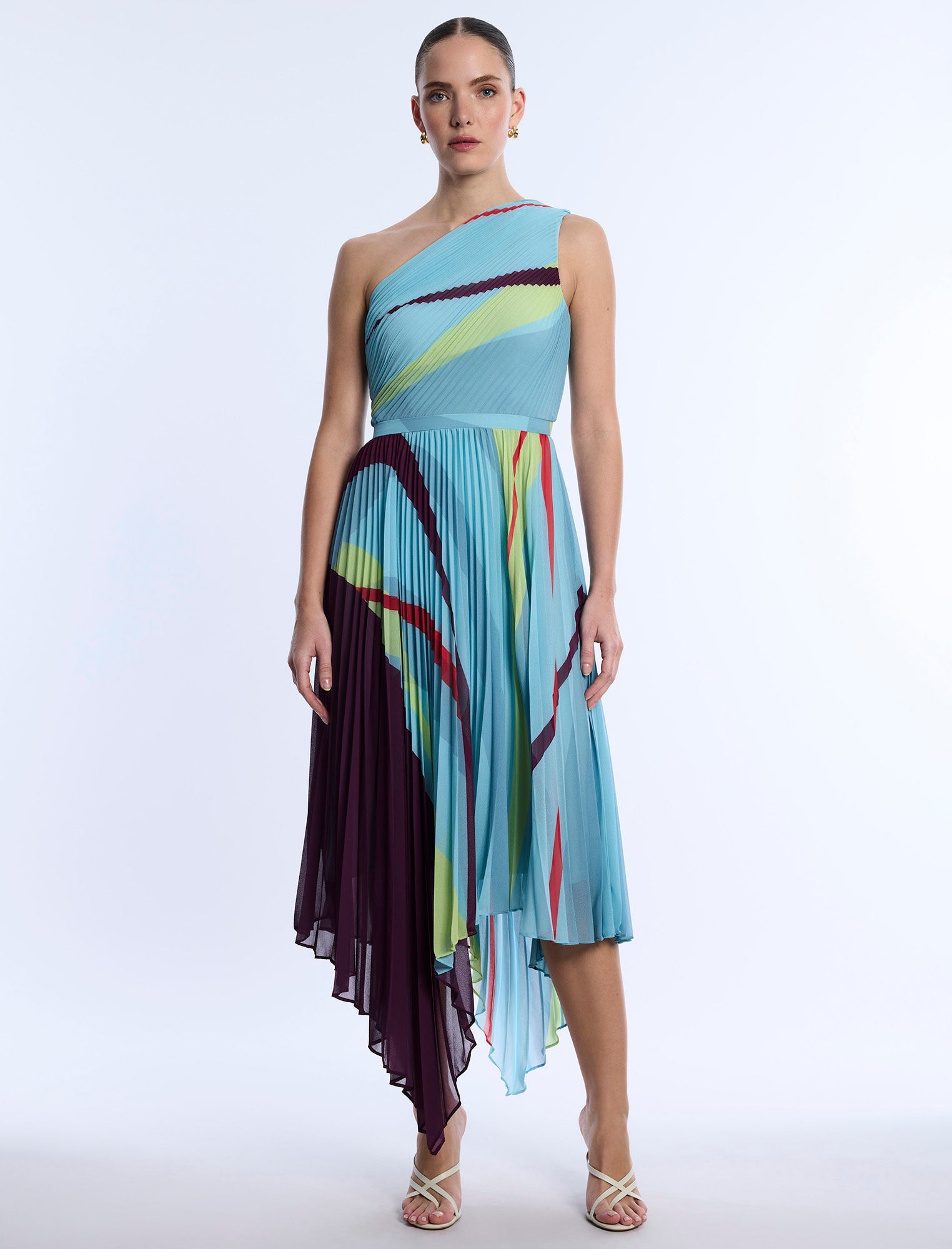 BCBGMAXAZRIA Printed Pleated Dress Seafoam Floating Ribbons