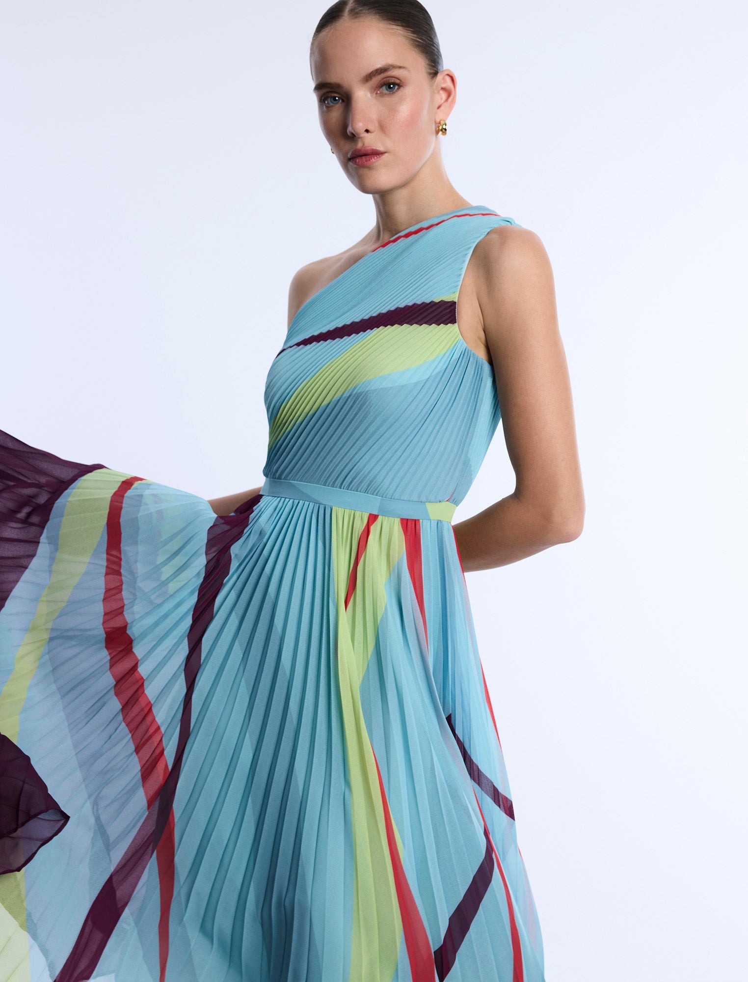BCBGMAXAZRIA Printed Pleated Dress Seafoam Floating Ribbons