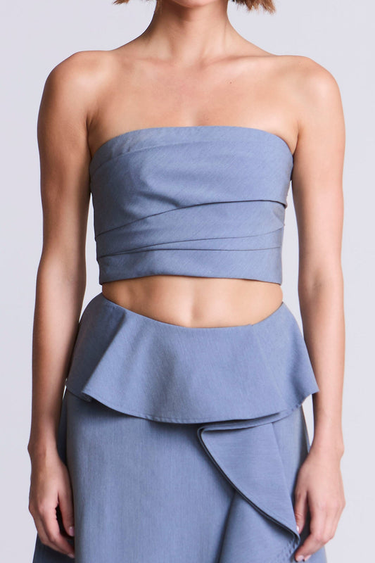 BCBGMAXAZRIA Solid Suiting Fabric Bustier Yarn Dye Denim Blue Suiting