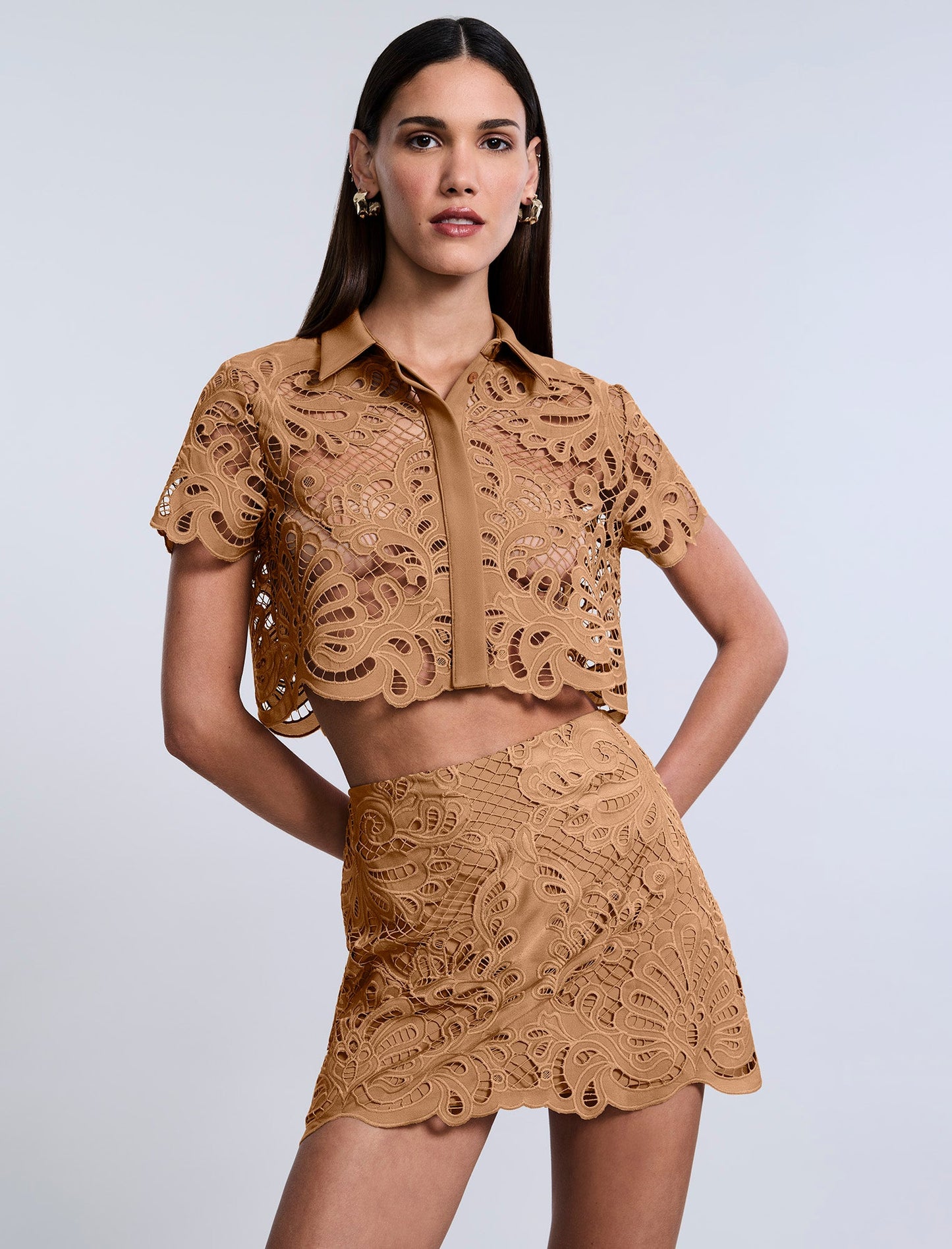 BCBGMAXAZRIA Eyelet Button Down Polo Brown Sugar