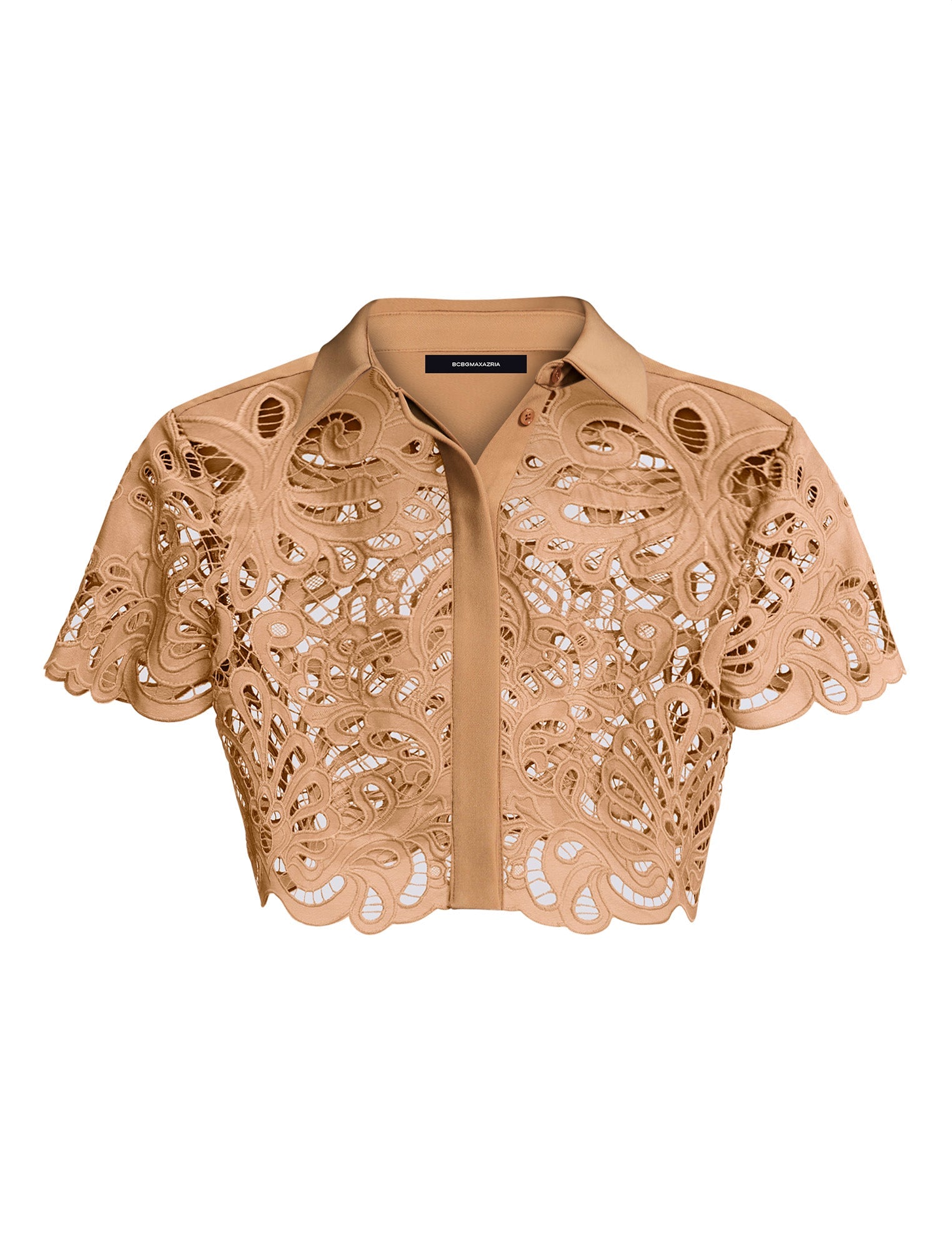 BCBGMAXAZRIA Eyelet Button Down Polo Brown Sugar