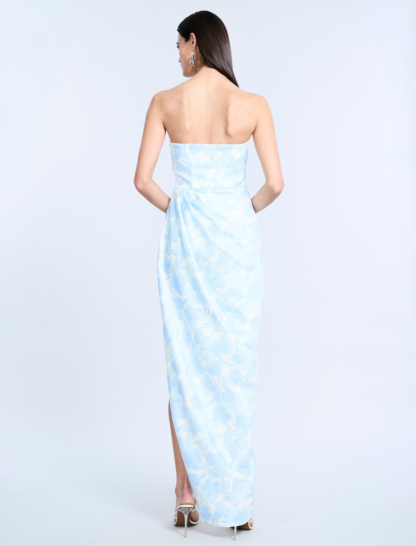 BCBGMAXAZRIA Pleat Bodice Wrap Skirt Gown Sky Floral Print