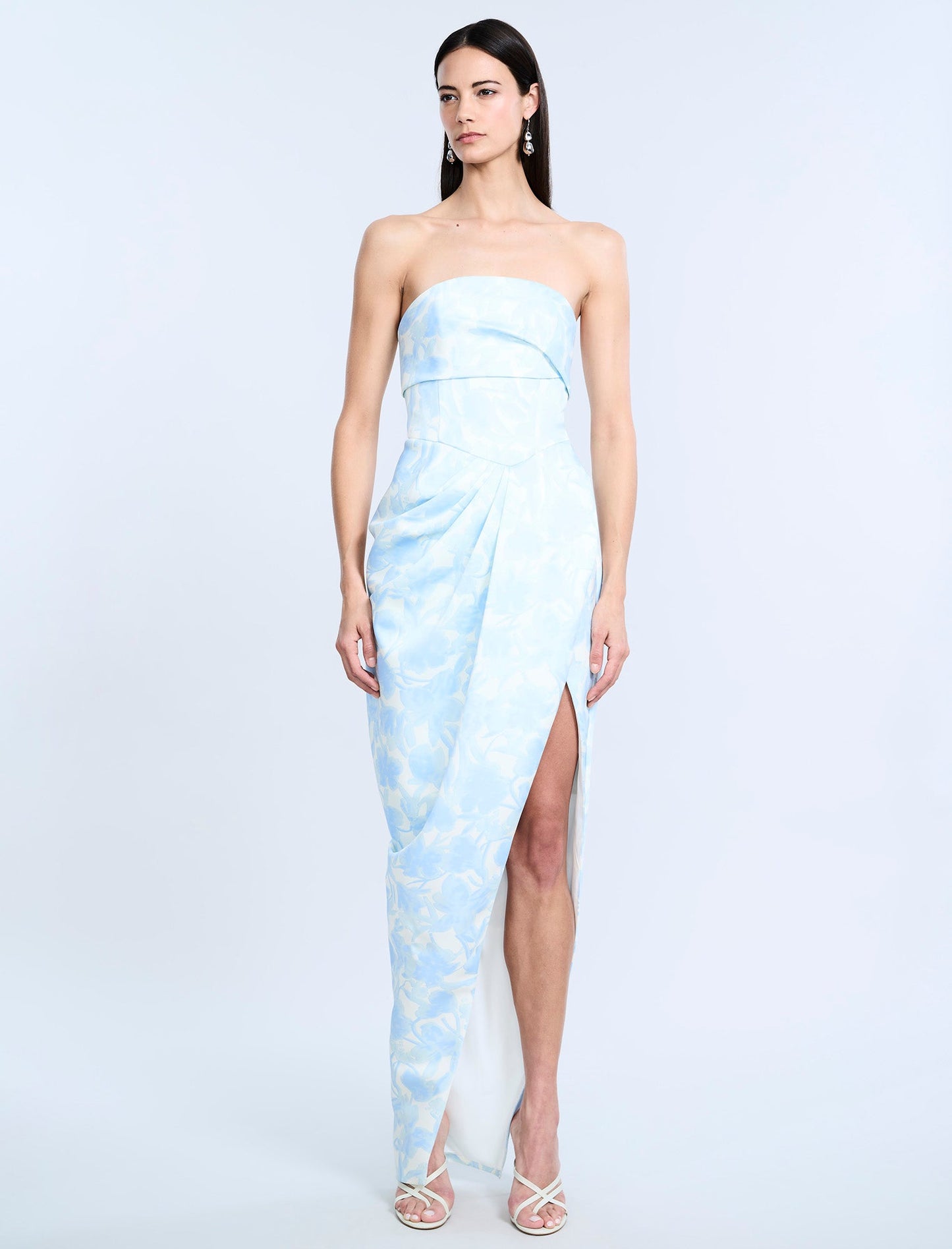 BCBGMAXAZRIA Pleat Bodice Wrap Skirt Gown Sky Floral Print