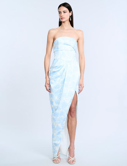 BCBGMAXAZRIA Pleat Bodice Wrap Skirt Gown Sky Floral Print