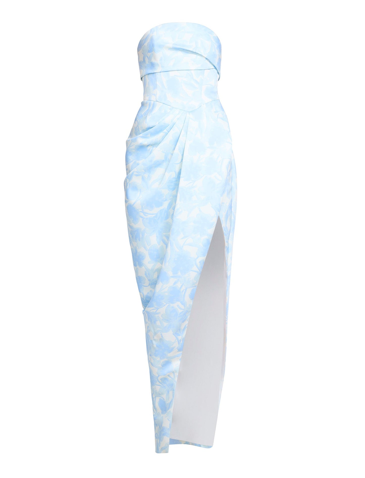 BCBGMAXAZRIA Pleat Bodice Wrap Skirt Gown Sky Floral Print