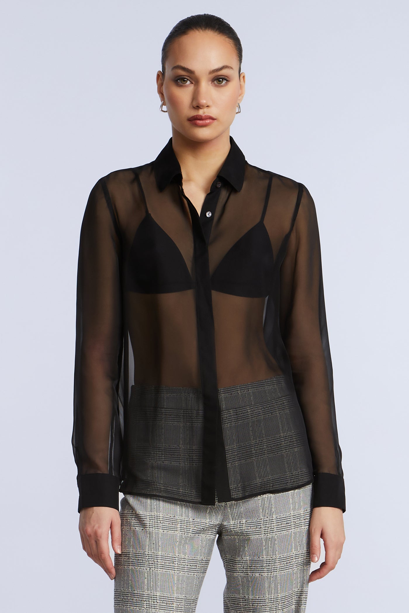 BCBGMAXAZRIA Chiffon Button Down Black