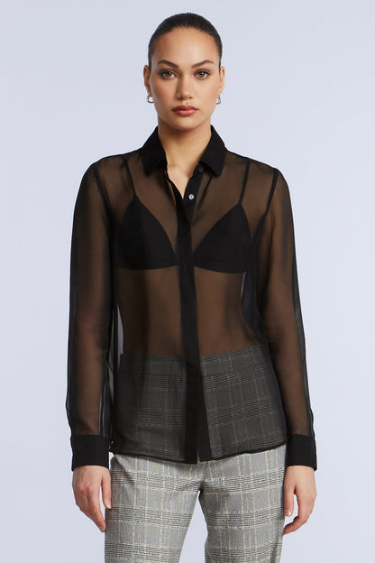 BCBGMAXAZRIA Chiffon Button Down Black
