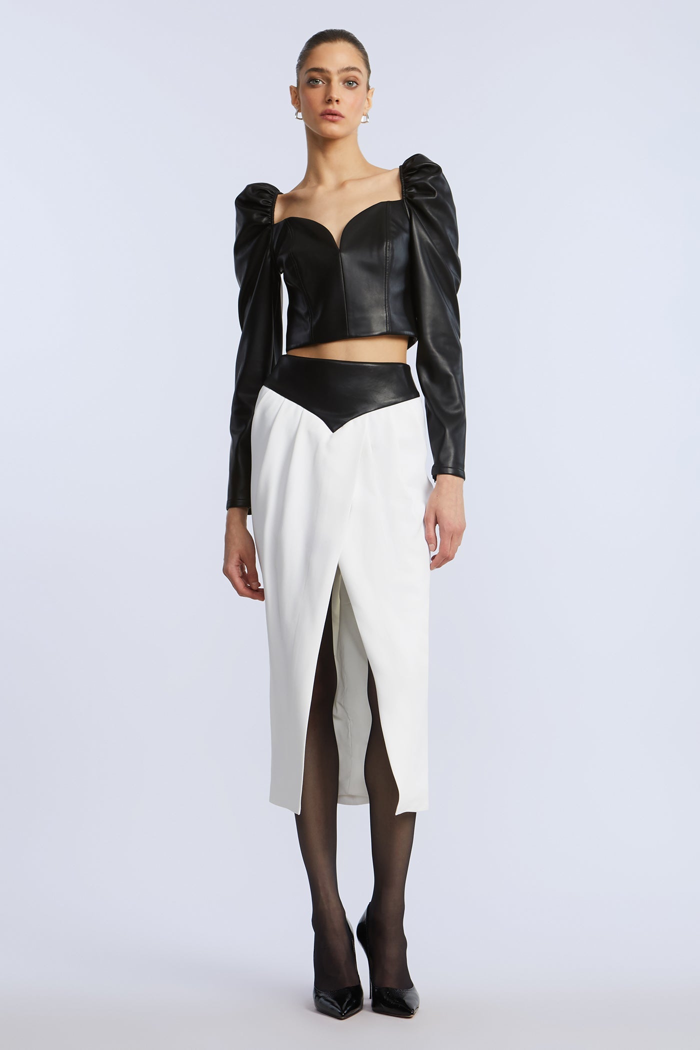BCBGMAXAZRIA Puff Sleeve Leather Top Black