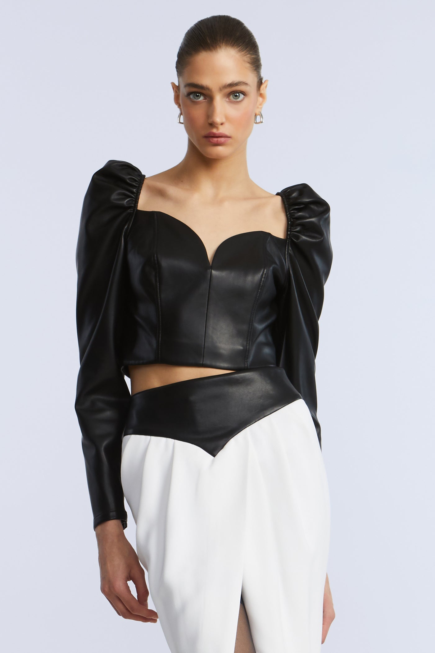 BCBGMAXAZRIA Puff Sleeve Leather Top Black