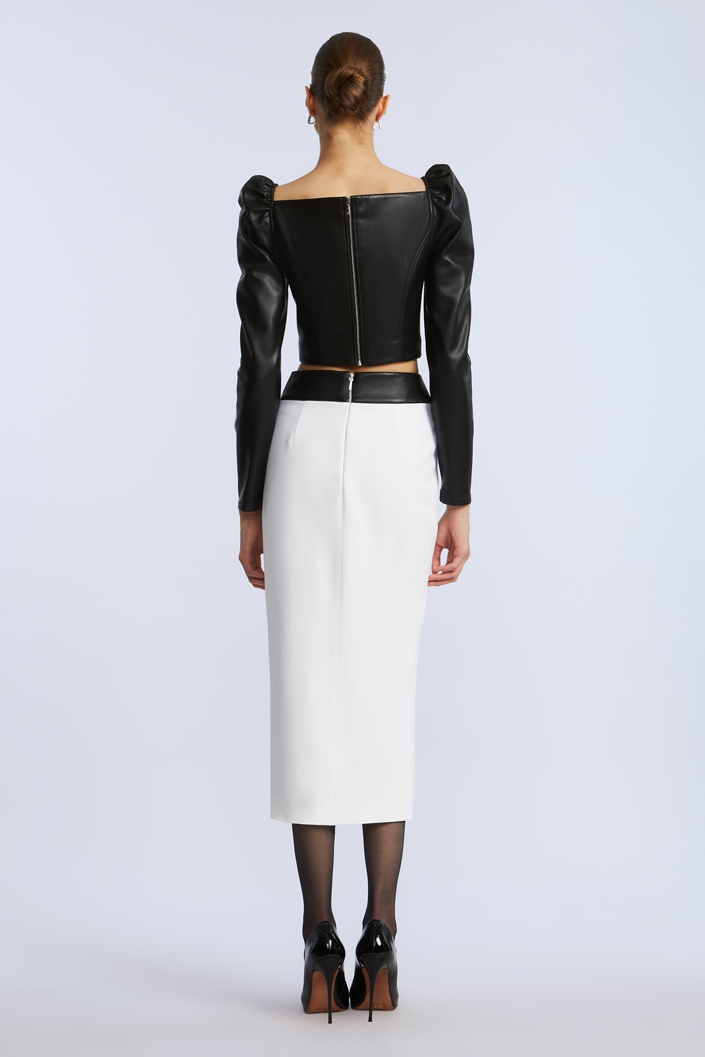 BCBGMAXAZRIA Puff Sleeve Leather Top Black