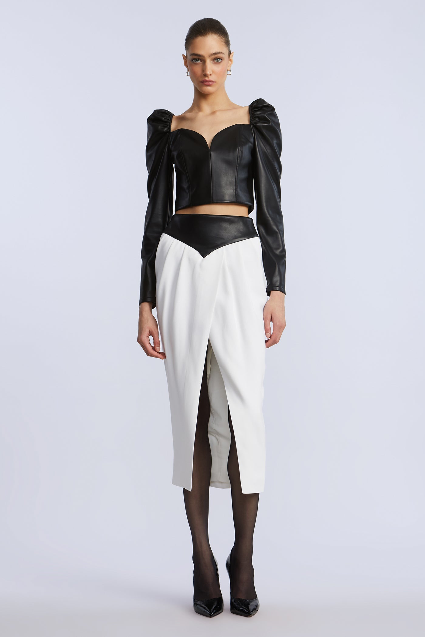 BCBGMAXAZRIA Puff Sleeve Leather Top Black