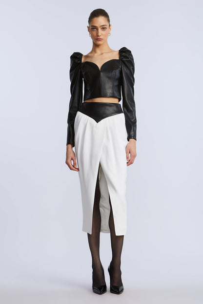 BCBGMAXAZRIA Puff Sleeve Leather Top Black
