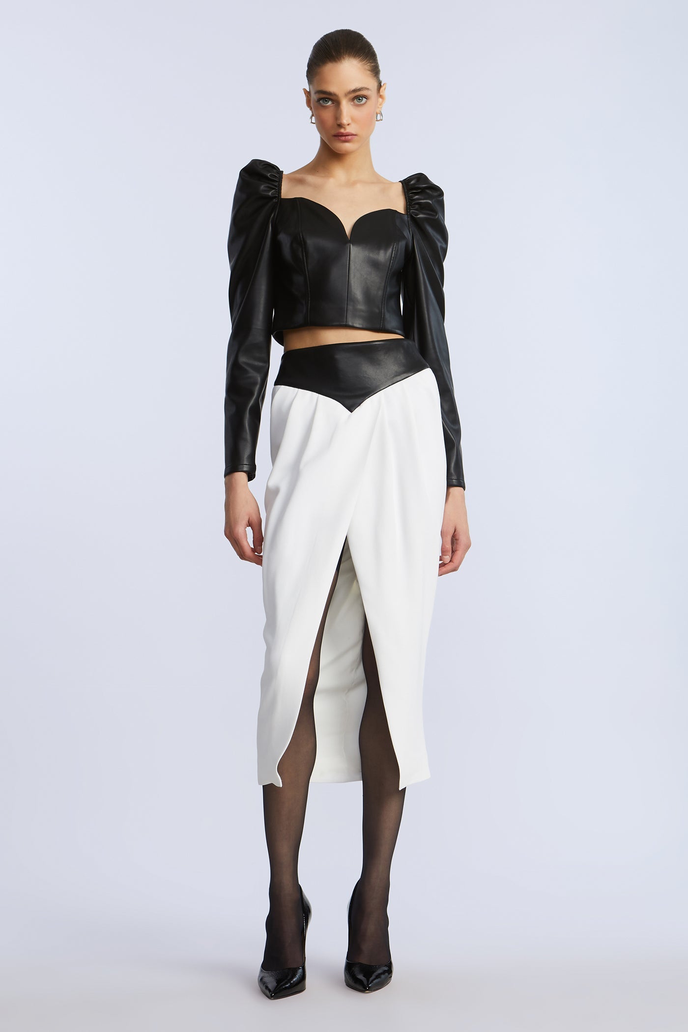 BCBGMAXAZRIA Puff Sleeve Leather Top Black