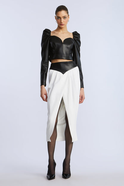 BCBGMAXAZRIA Puff Sleeve Leather Top Black