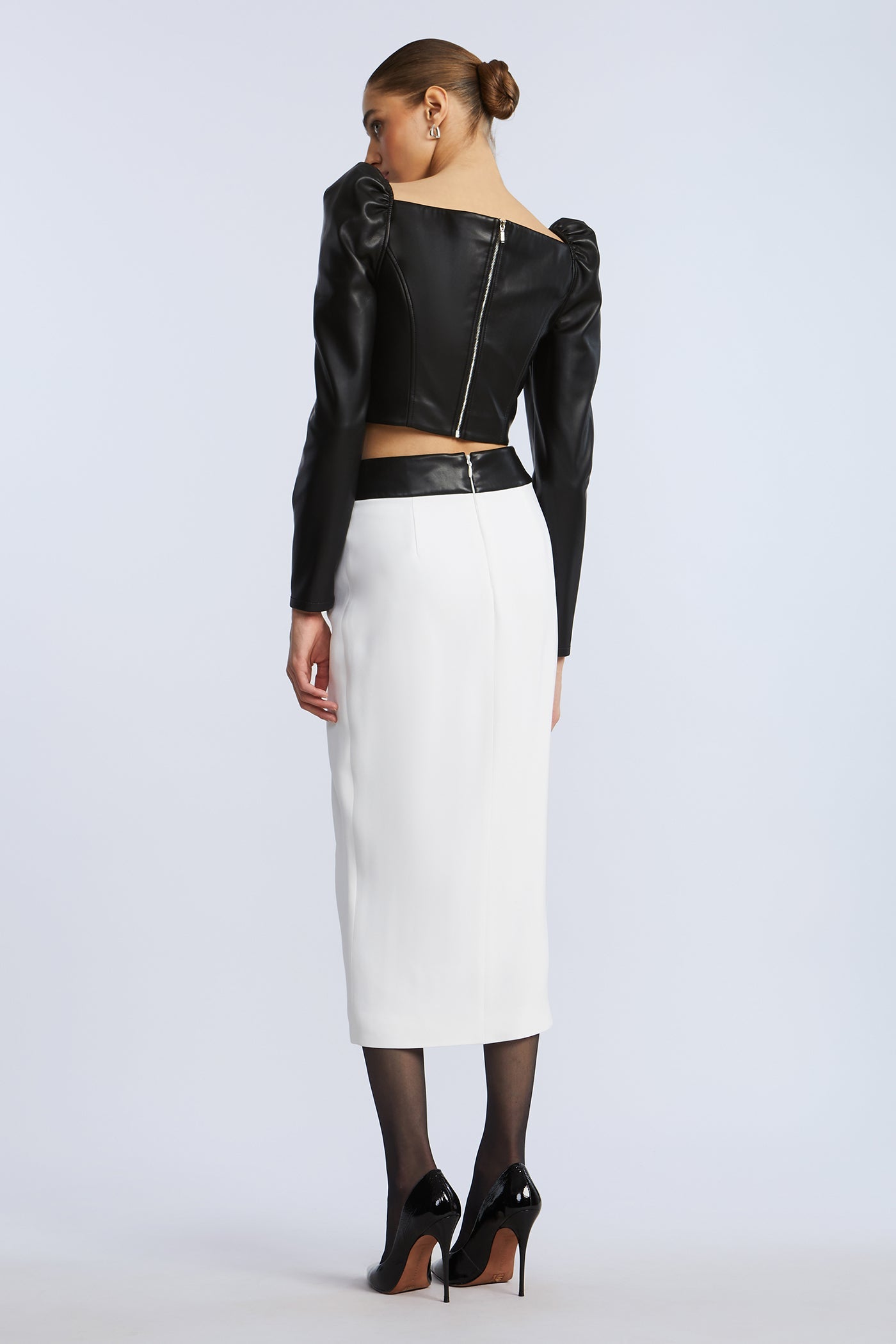 BCBGMAXAZRIA Puff Sleeve Leather Top Black